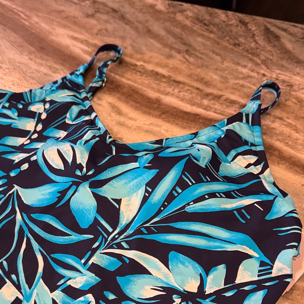 Lands' End Blue and Aqua Tropical Print Women's Swim Camisole - Picture 2 of 6
